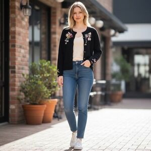 Zelda Silk Cashmere Cardigan Sweater Black Floral Embroidered Button Front Small